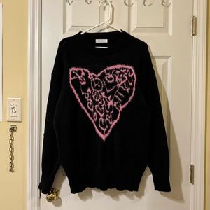 Lazy Style Pink Heart Designed Black Sweater